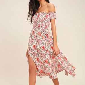 Cream Floral print off the shoulder dress